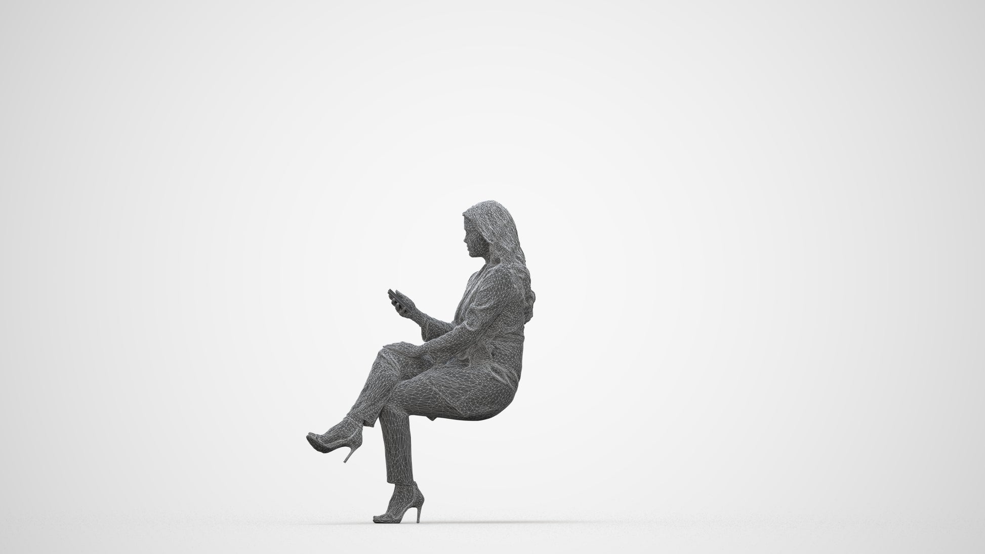photogrammetry 3D woman business sitting, realistic human model archviz FBX, wireframe back view
