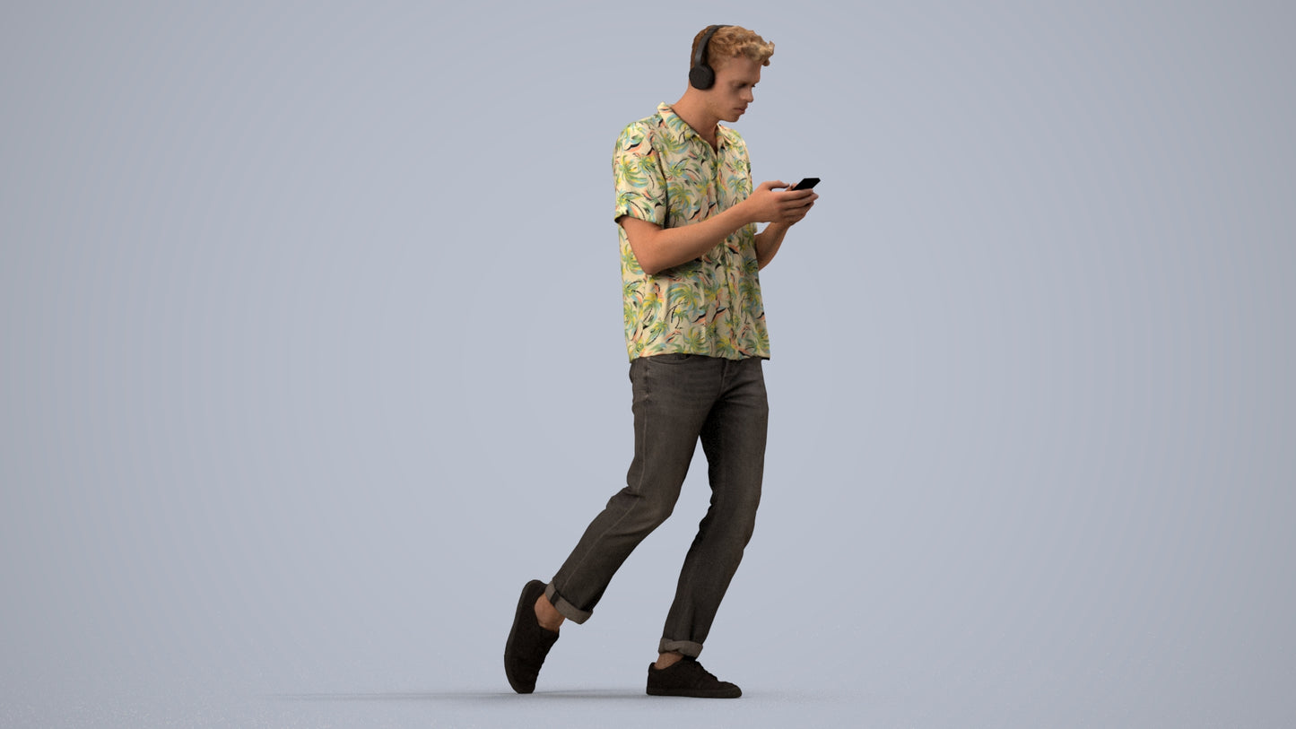 photogrammetry 3D man casual walking, realistic human model archviz FBX, side view render