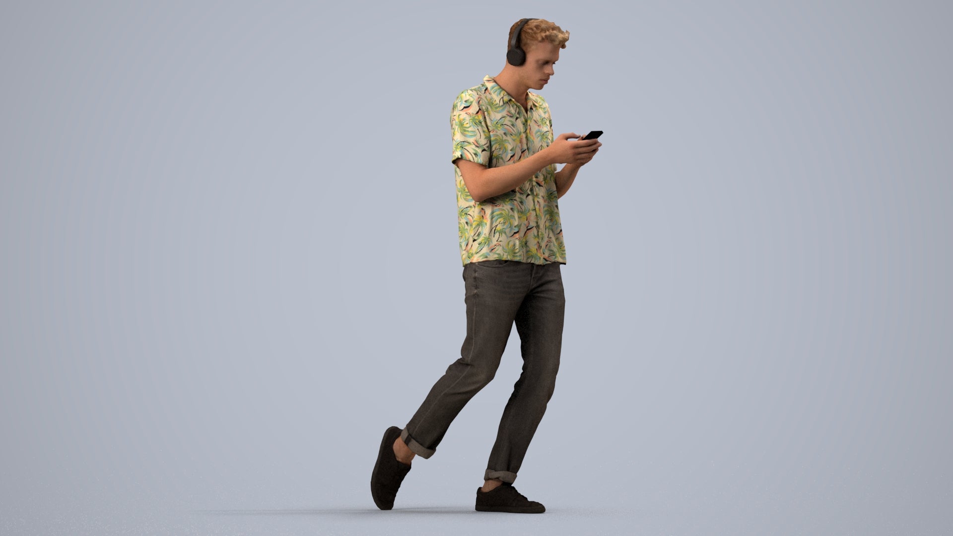 photogrammetry 3D man casual walking, realistic human model archviz FBX, side view render