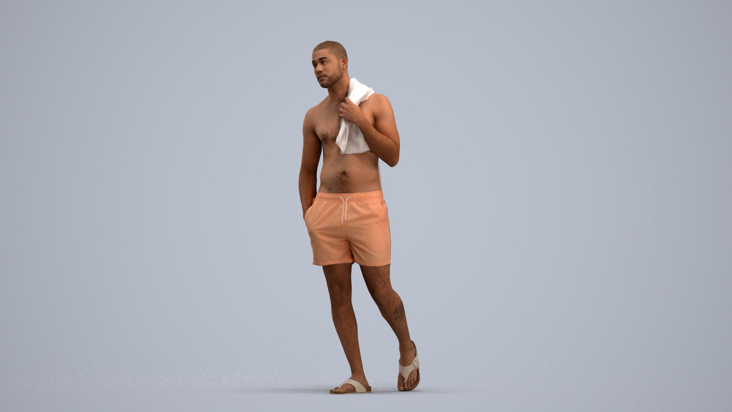 3D human model man pool, photogrammetry scanned person for archviz, standing pose render