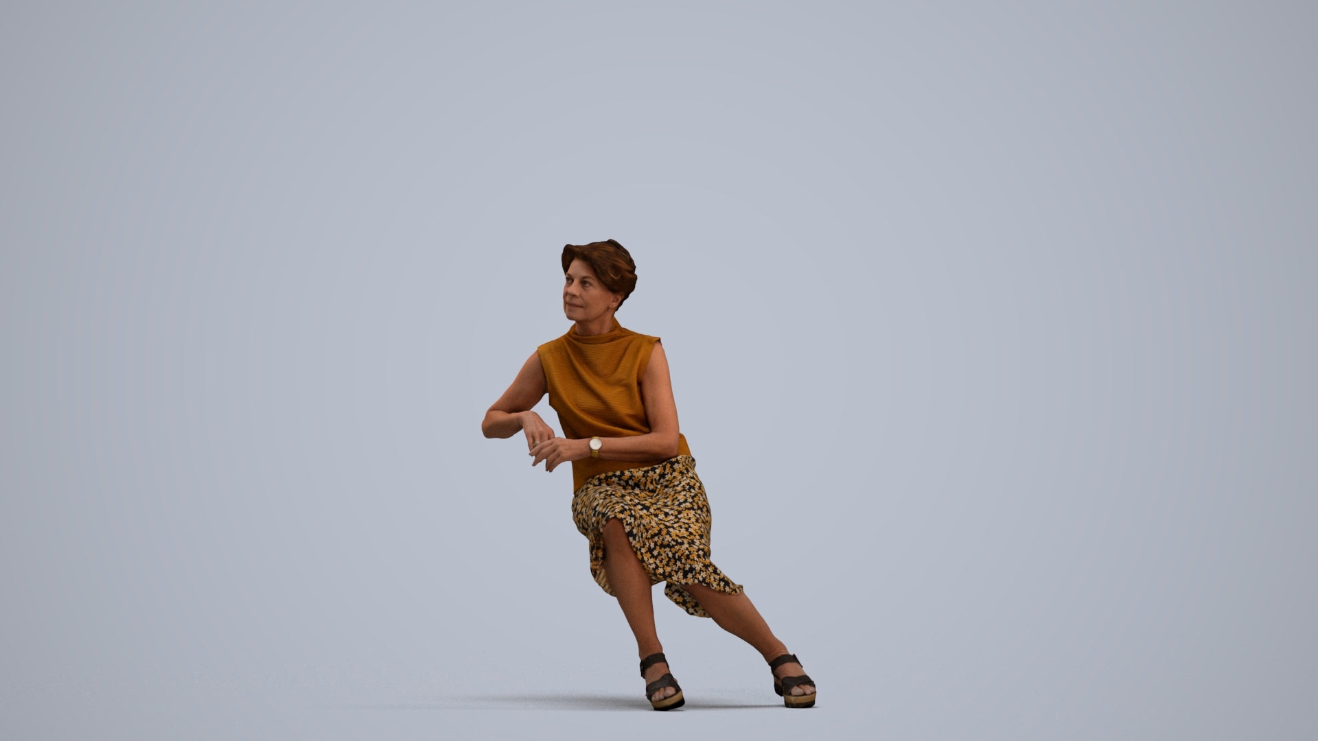3D scanned woman sitting casual, photorealistic archviz people for Enscape and SketchUp, standing pose render