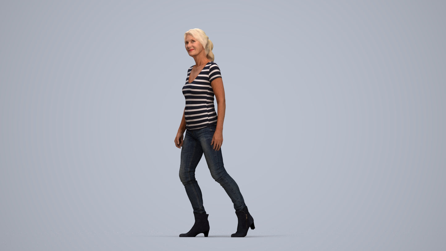 realistic 3D people senior woman casual walking, render-ready for V-Ray and Corona, FBX OBJ, top-down view render