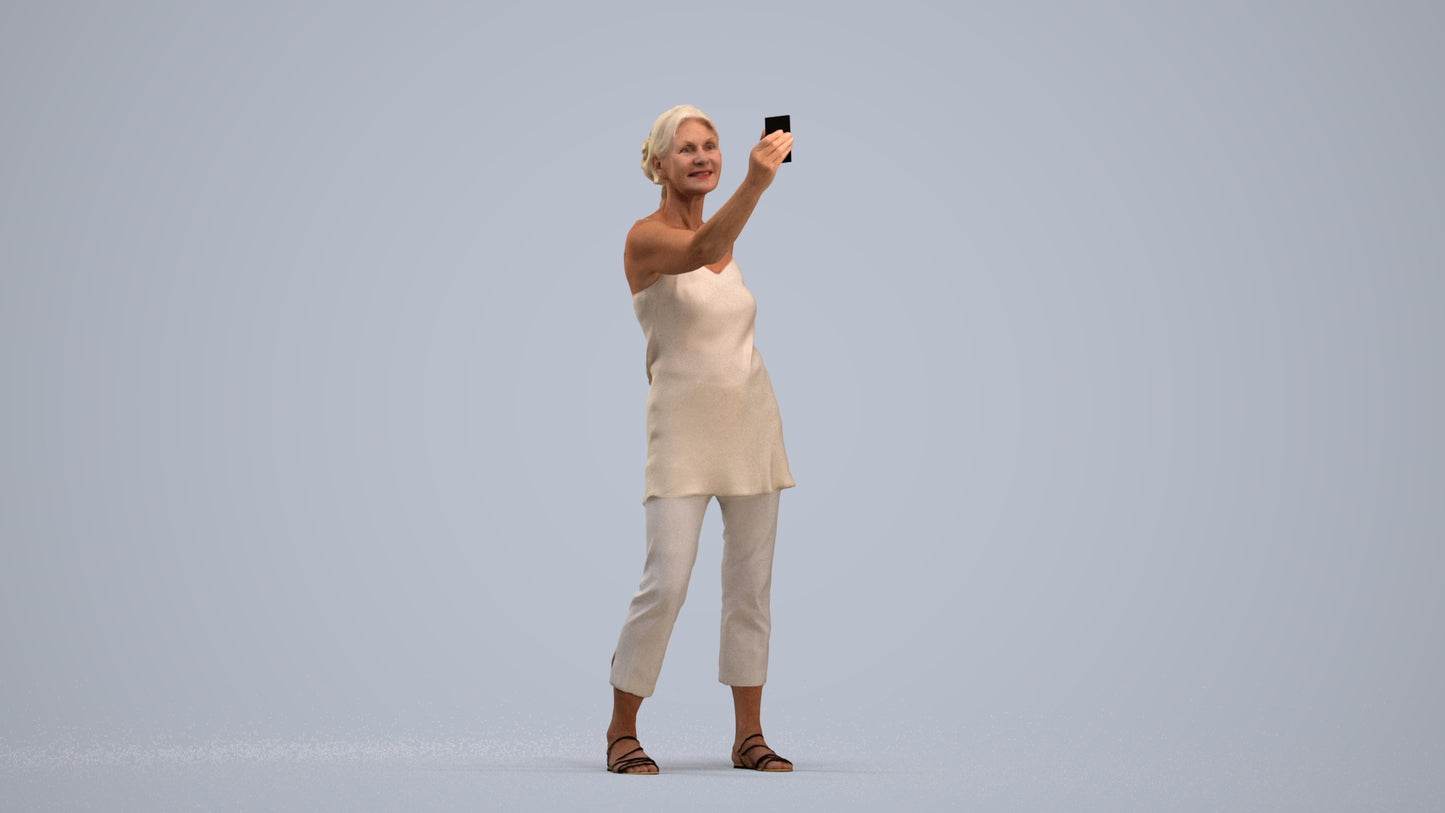 3D human model senior woman casual standing, photogrammetry scanned person for archviz, standing pose render