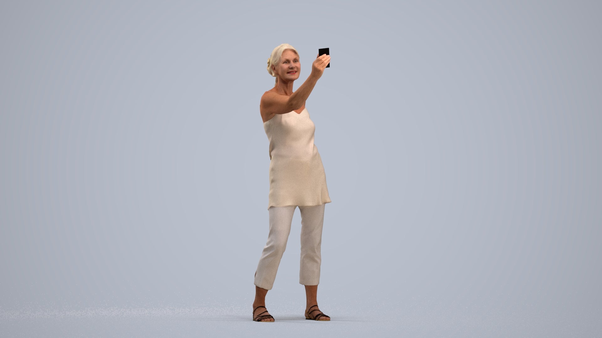 3D human model senior woman casual standing, photogrammetry scanned person for archviz, standing pose render
