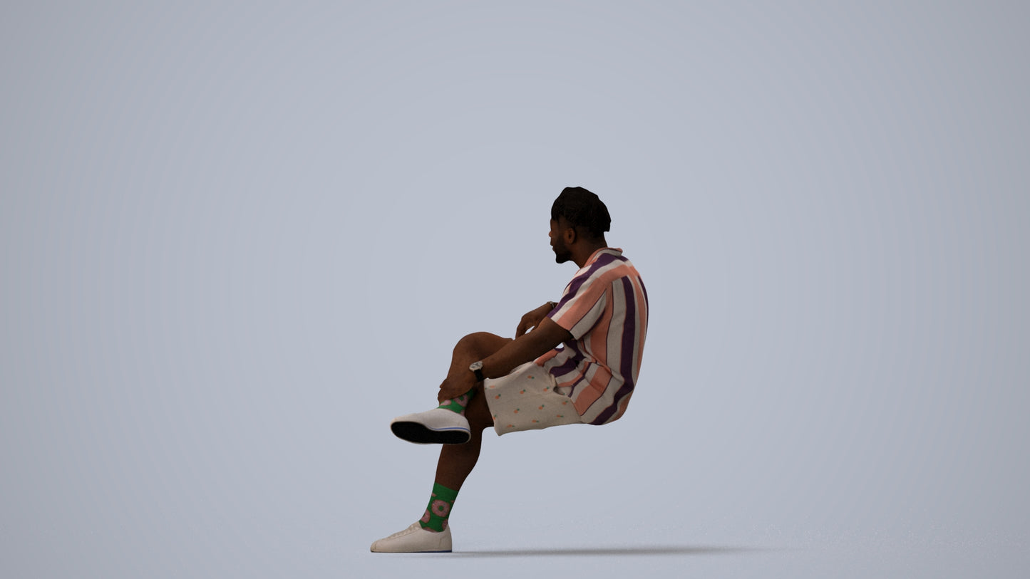 realistic 3D human man casual sitting, archviz people FBX OBJ for Blender, three-quarter view render