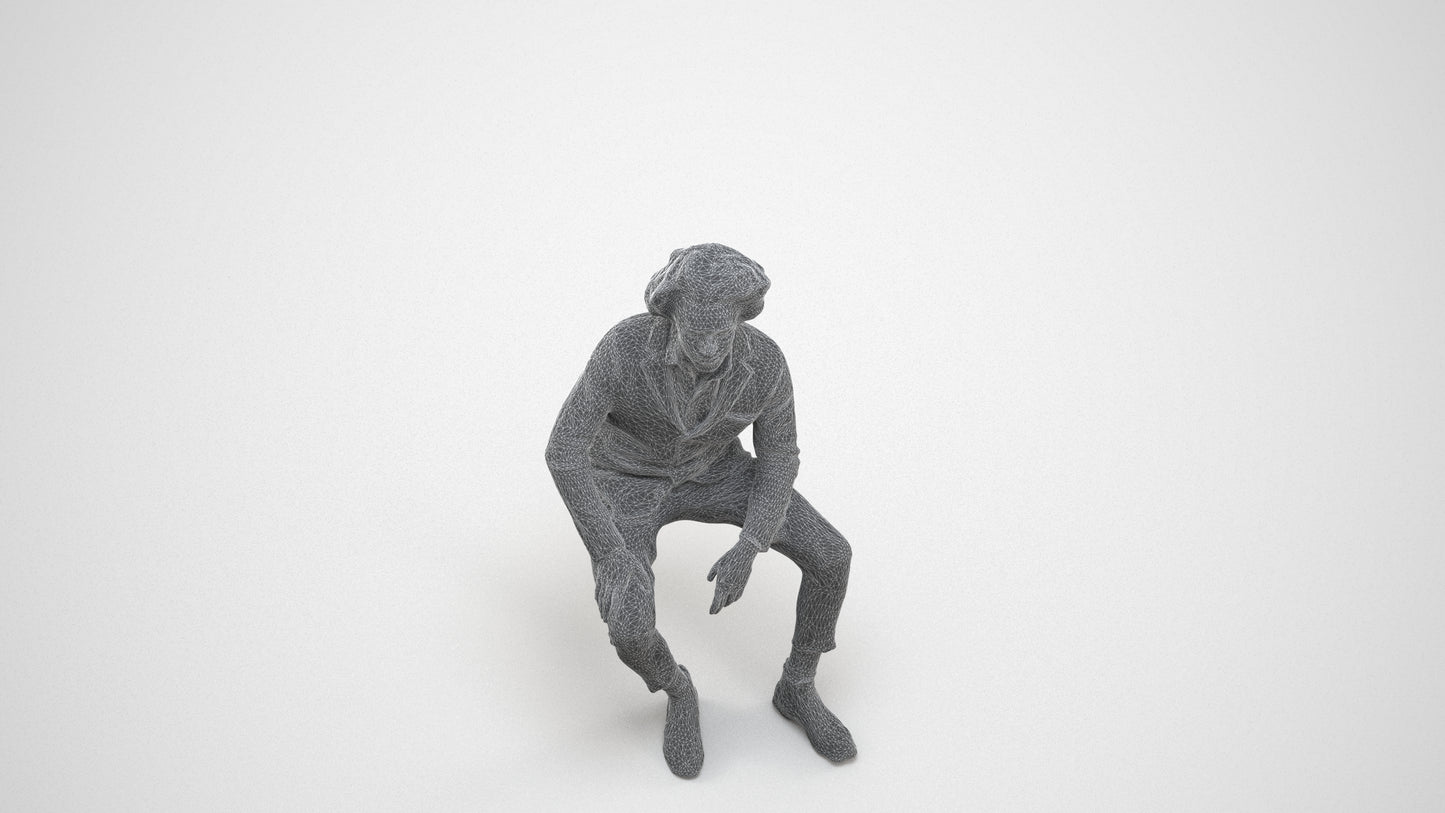 3D human model man business sitting, photogrammetry scanned person for archviz, wireframe three-quarter view
