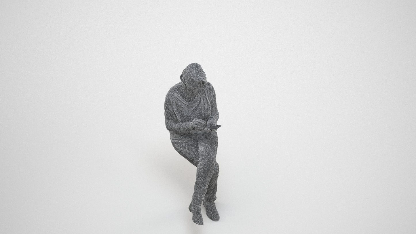 3D people model woman casual sitting, scanned human for 3ds Max rendering, wireframe three-quarter view
