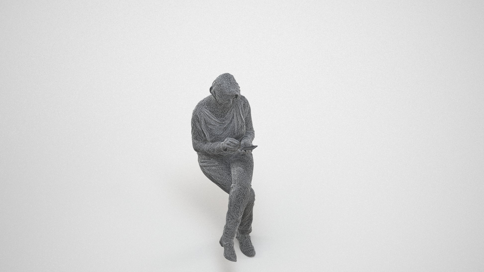 3D people model woman casual sitting, scanned human for 3ds Max rendering, wireframe three-quarter view