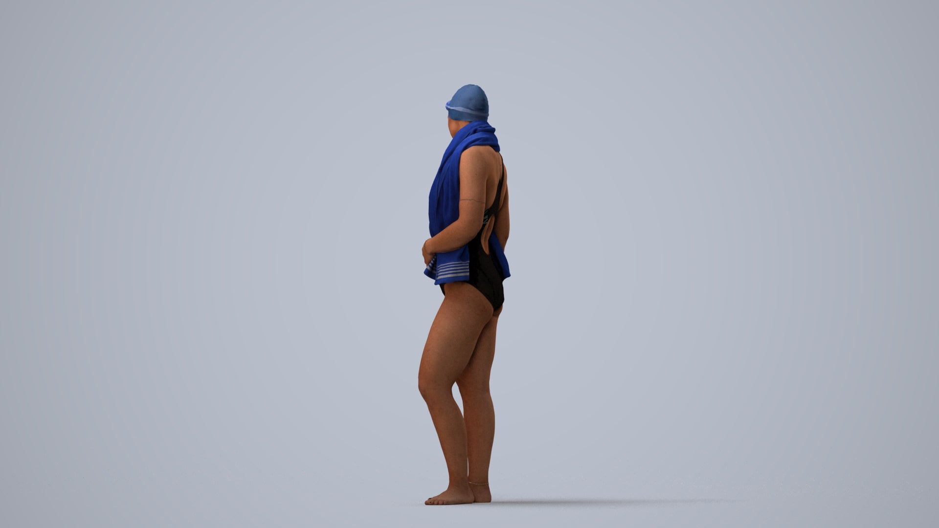 3D people model woman sport pool, scanned human for 3ds Max rendering, three-quarter view render