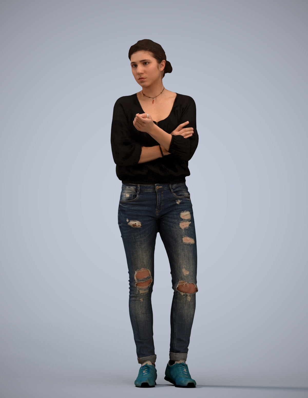 3D human model woman casual standing, photogrammetry scanned person for archviz