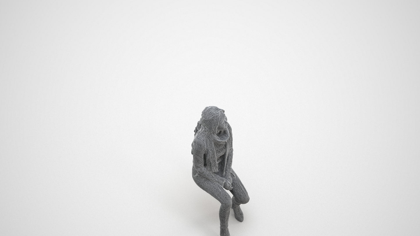 3D human model woman casual sitting, photogrammetry scanned person for archviz, wireframe three-quarter view