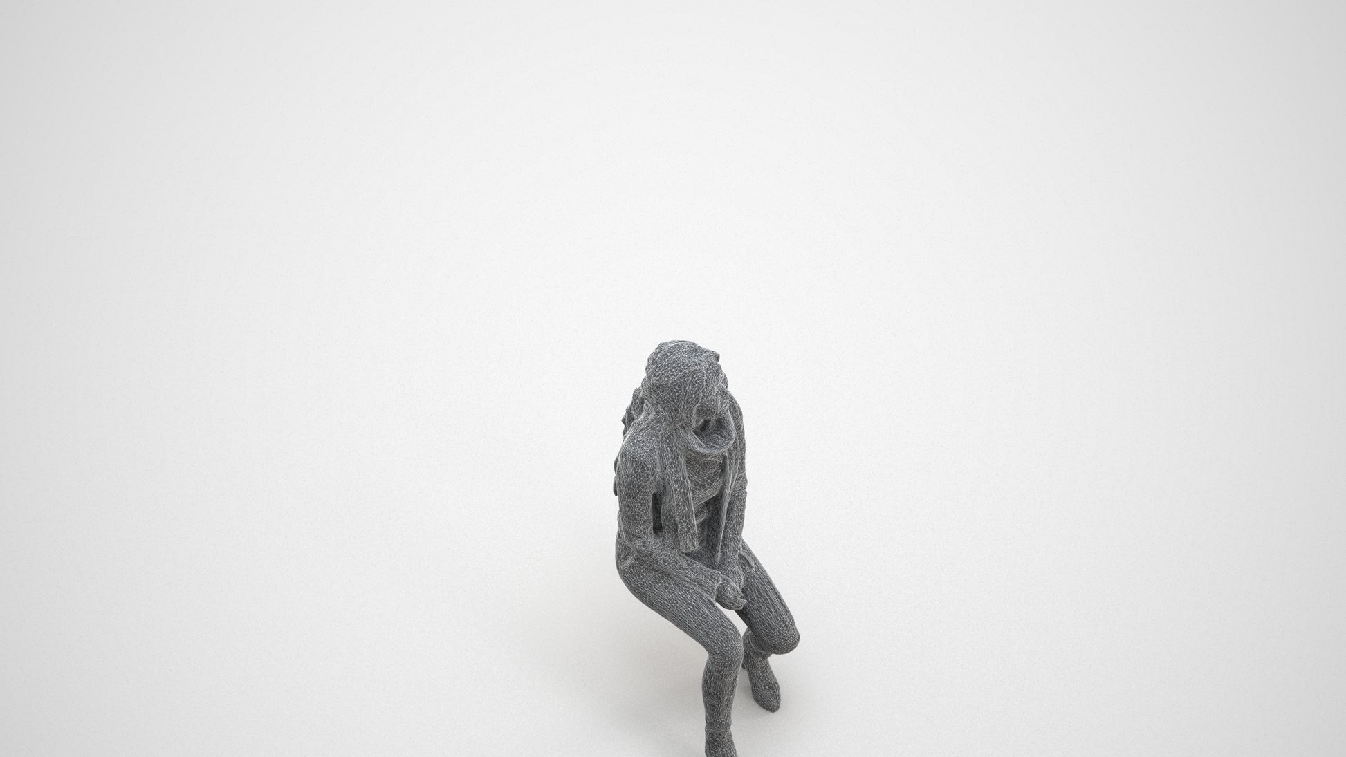 3D human model woman casual sitting, photogrammetry scanned person for archviz, wireframe three-quarter view
