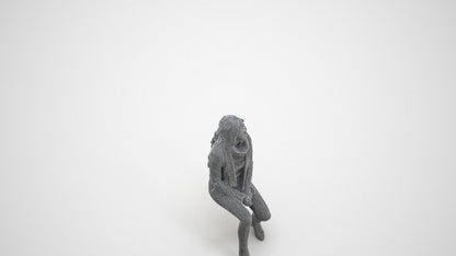 3D human model woman casual sitting, photogrammetry scanned person for archviz, wireframe three-quarter view