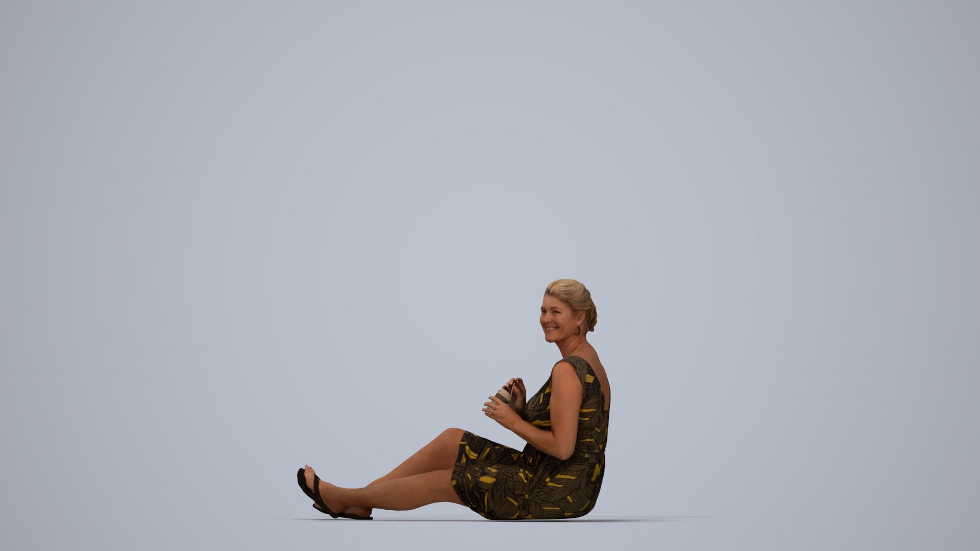 scanned 3D woman casual sitting, photogrammetry people for Enscape and V-Ray, top-down view render