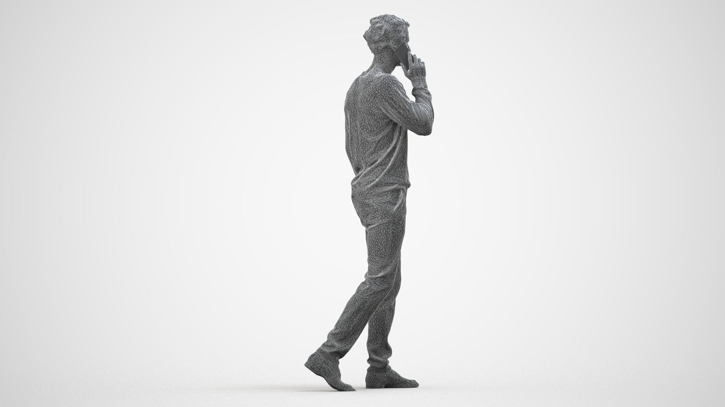 3D human model man casual walking, photogrammetry scanned person for archviz, wireframe side view