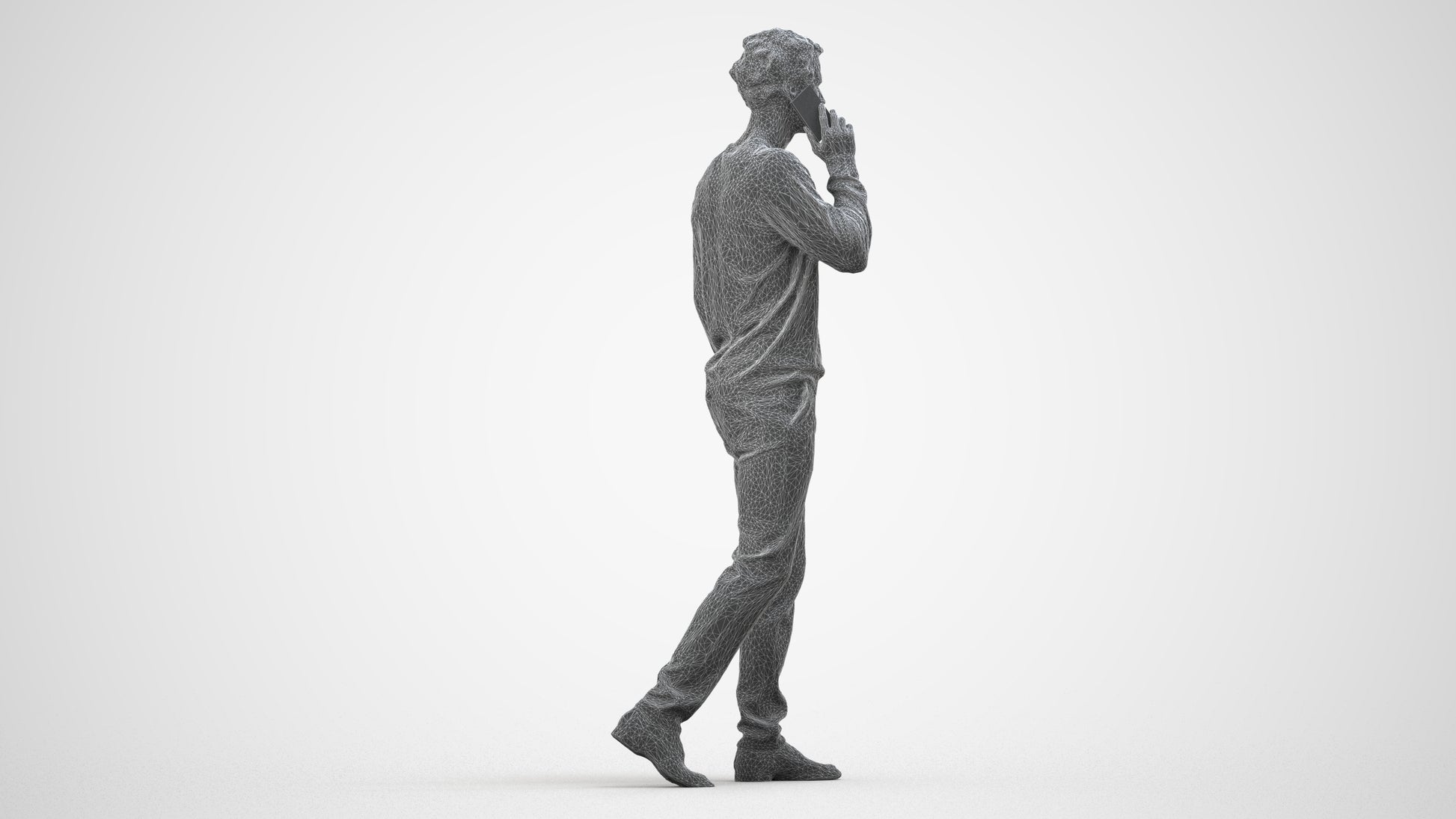 3D human model man casual walking, photogrammetry scanned person for archviz, wireframe side view