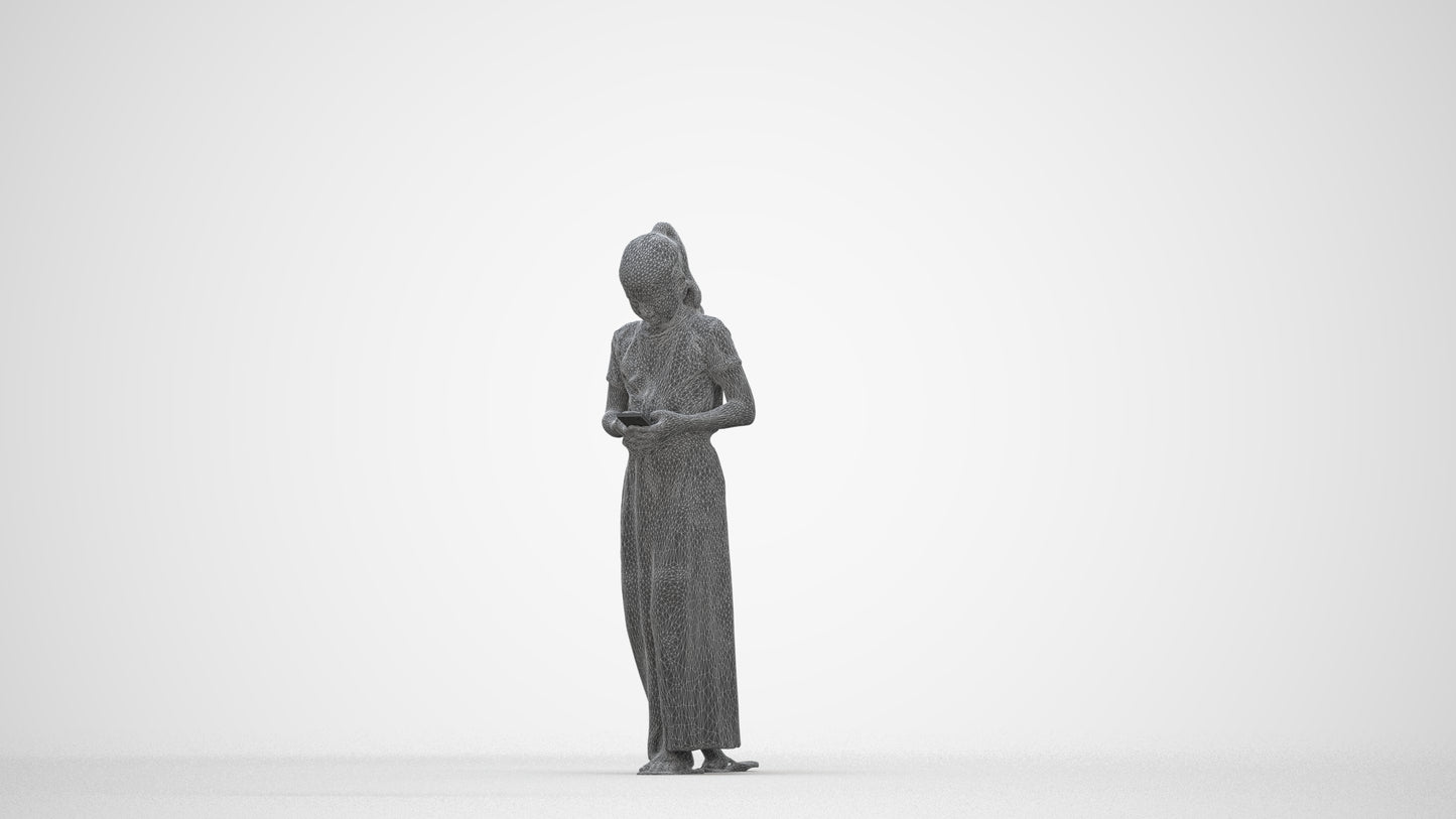 3D human model woman casual kids, photogrammetry scanned person for archviz, wireframe back view
