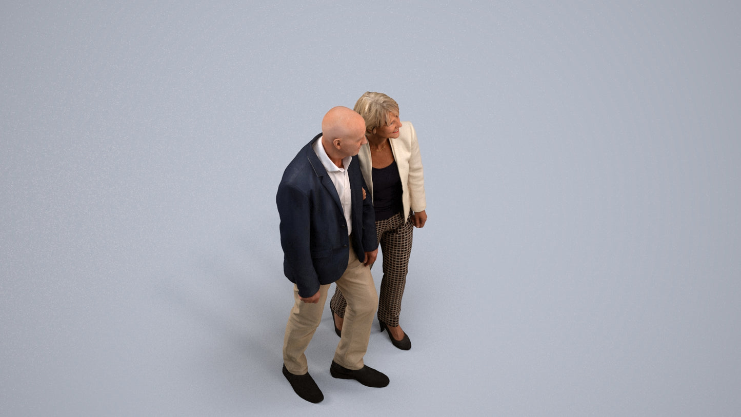 3D human model senior woman business couple, photogrammetry scanned person for archviz, back view render