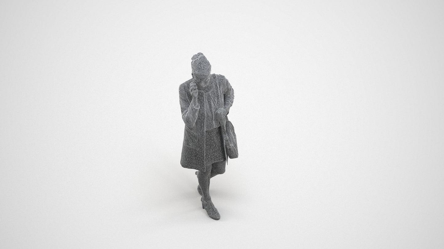 3D scanned woman walking business, photorealistic archviz people for Enscape and SketchUp, wireframe three-quarter view