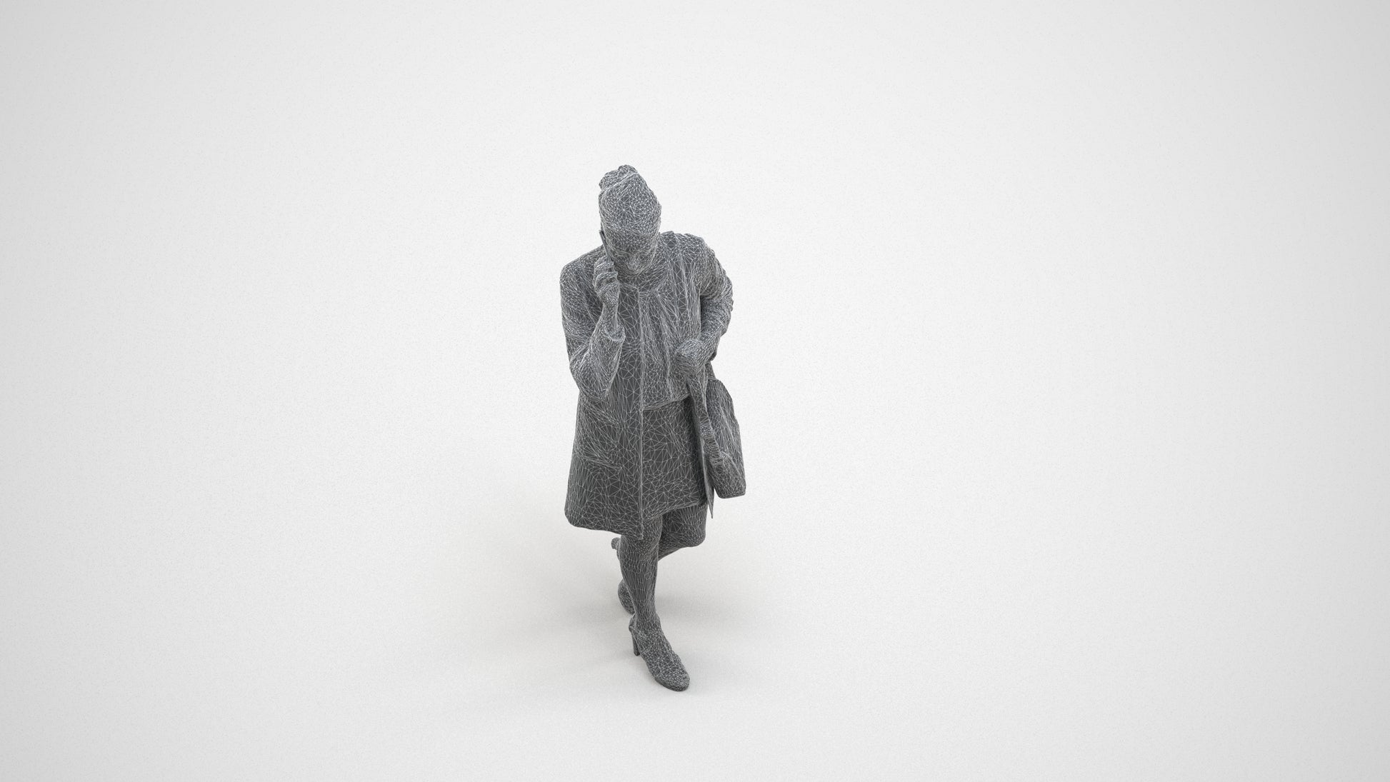 3D scanned woman walking business, photorealistic archviz people for Enscape and SketchUp, wireframe three-quarter view