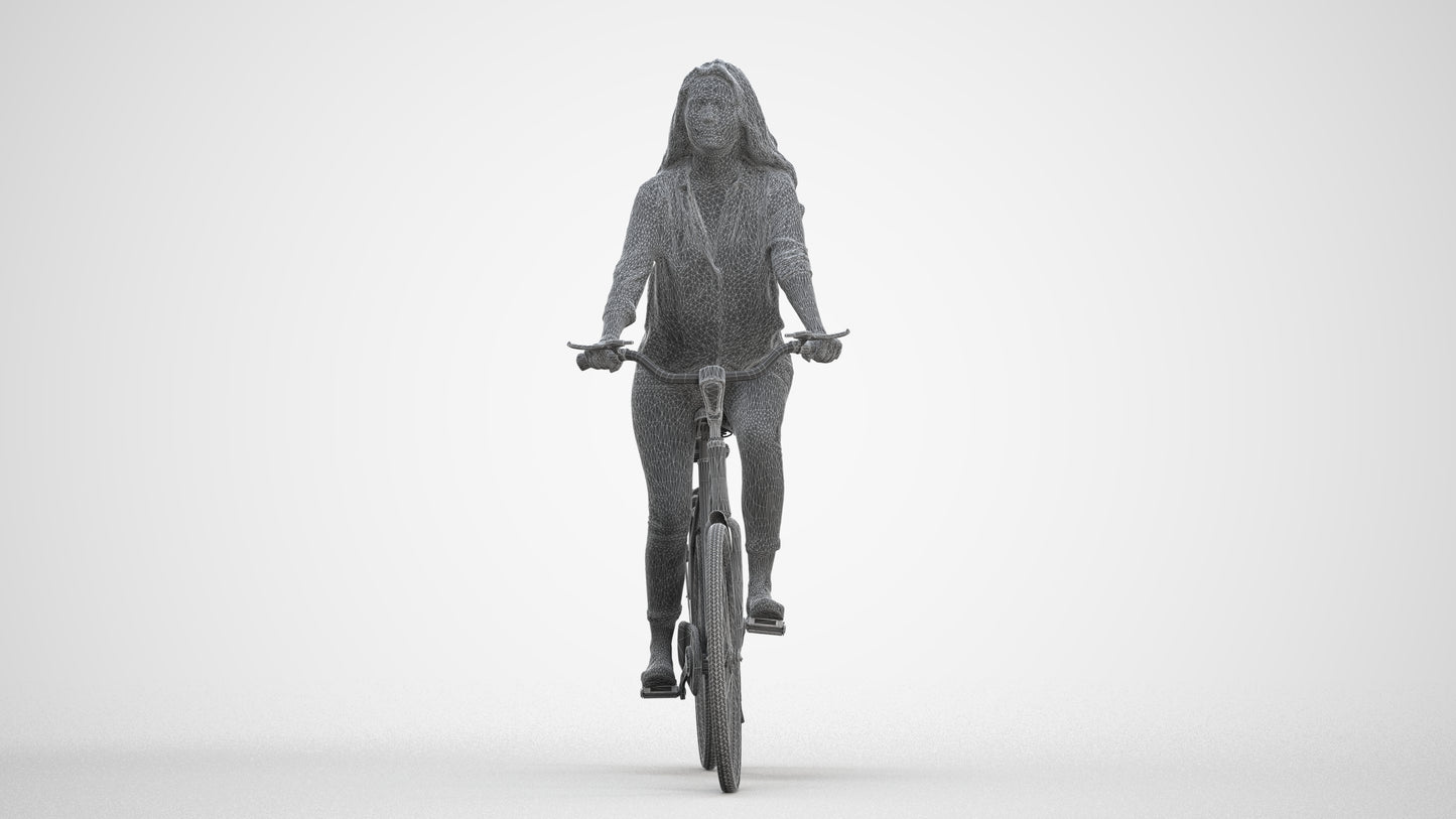 3D scanned woman cycling, photorealistic archviz people for Enscape and SketchUp, three-quarter front view render