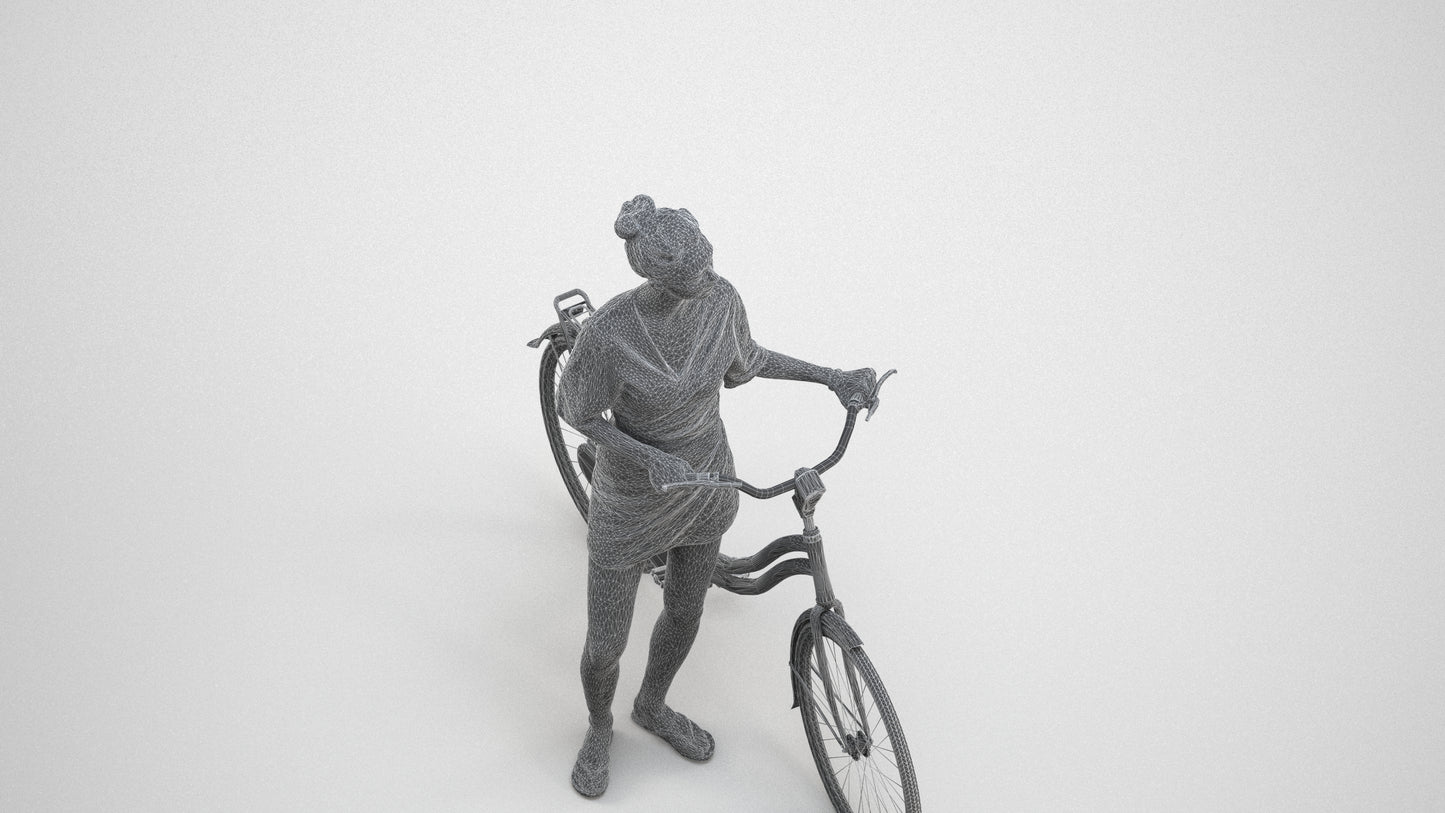 scanned 3D woman casual cycling, photogrammetry people for Enscape and V-Ray, wireframe three-quarter view