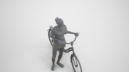 scanned 3D woman casual cycling, photogrammetry people for Enscape and V-Ray, wireframe three-quarter view