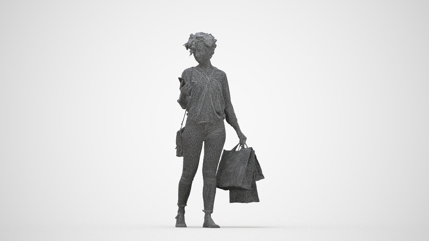 3D human model woman casual standing, photogrammetry scanned person for archviz, wireframe back view
