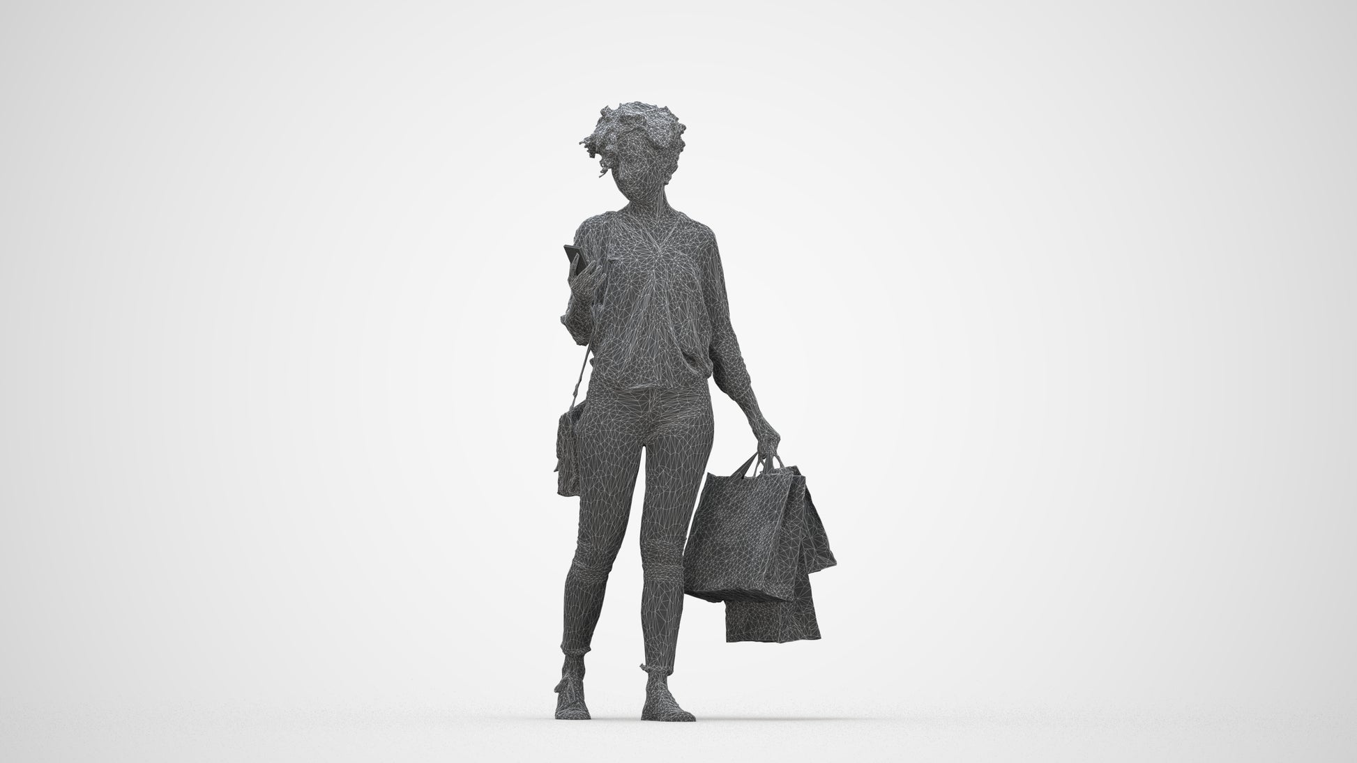 3D human model woman casual standing, photogrammetry scanned person for archviz, wireframe back view