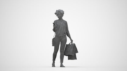3D human model woman casual standing, photogrammetry scanned person for archviz, wireframe back view
