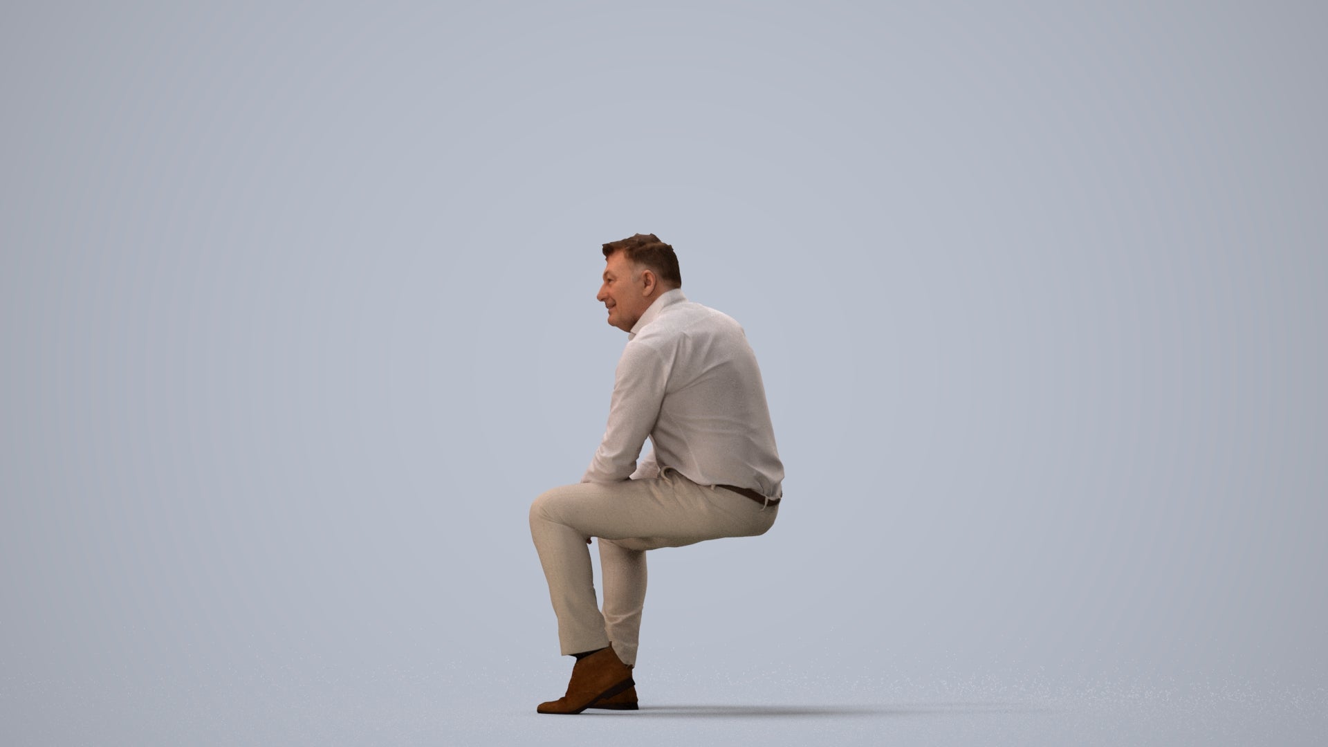 3D people model man casual sitting, scanned human for 3ds Max rendering, three-quarter view render