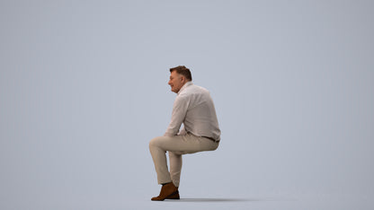 3D people model man casual sitting, scanned human for 3ds Max rendering, three-quarter view render