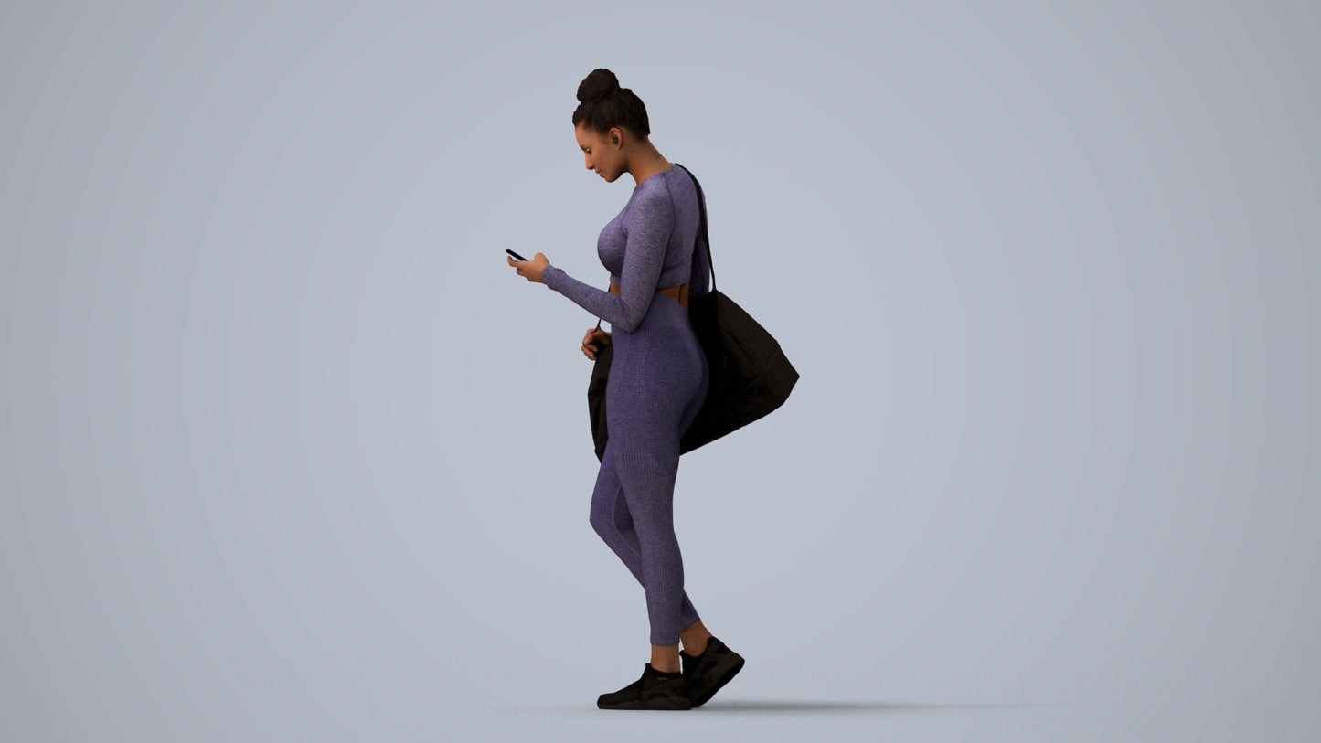 realistic 3D human woman sport, archviz people FBX OBJ for Blender, three-quarter view render