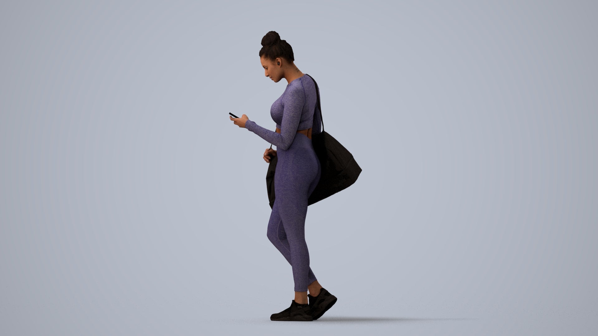 realistic 3D human woman sport, archviz people FBX OBJ for Blender, three-quarter view render