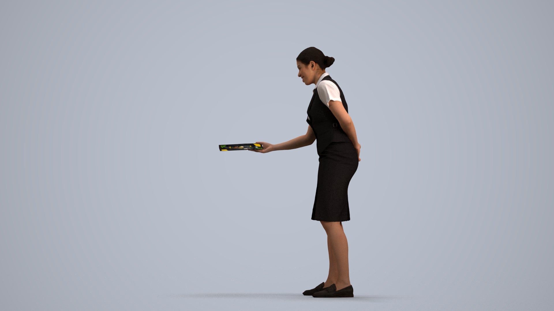 photogrammetry 3D woman hospitality, realistic human model archviz FBX, front view render
