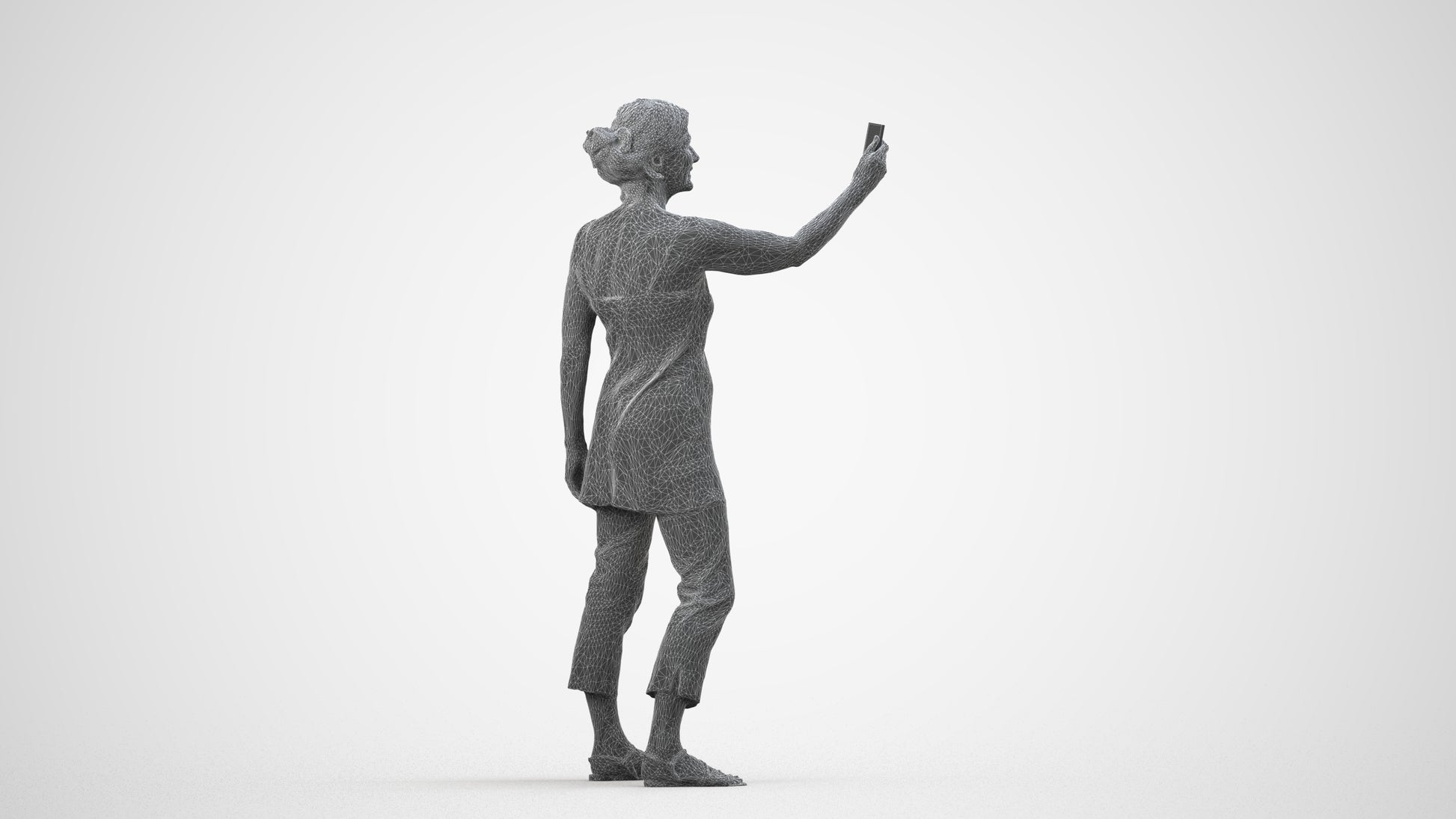 3D human model senior woman casual standing, photogrammetry scanned person for archviz, wireframe side view