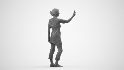 3D human model senior woman casual standing, photogrammetry scanned person for archviz, wireframe side view