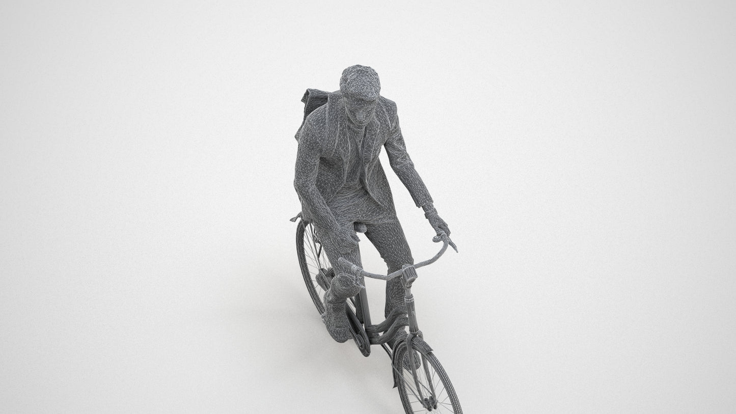 realistic 3D man casual cycling, scanned archviz people for Blender and 3ds Max, wireframe three-quarter view
