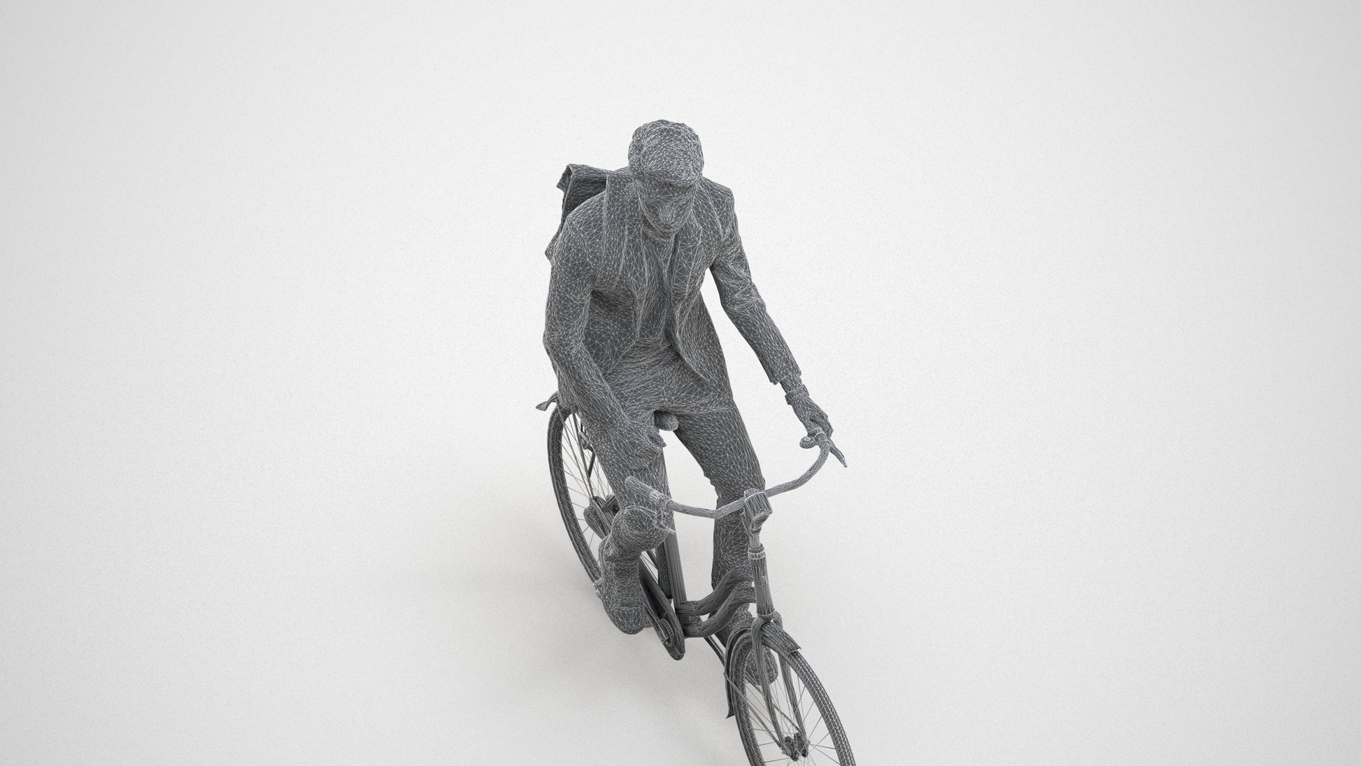 realistic 3D man casual cycling, scanned archviz people for Blender and 3ds Max, wireframe three-quarter view