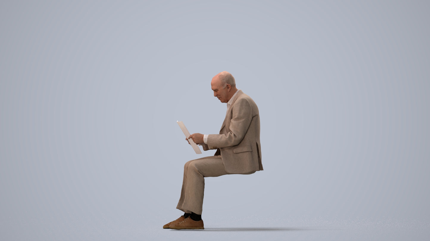 scanned 3D senior man business sitting, photogrammetry people for Enscape and V-Ray, three-quarter view render