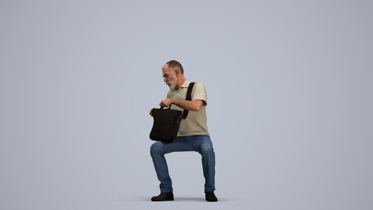 realistic 3D human senior man casual sitting, archviz people FBX OBJ for Blender, standing pose render