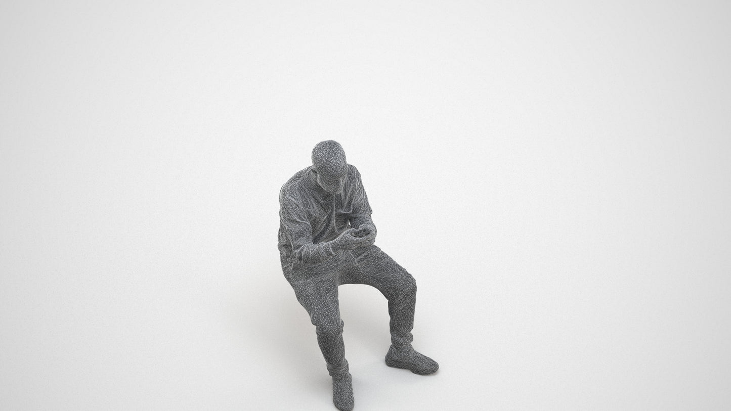 3D human model man casual sitting, photogrammetry scanned person for archviz, wireframe three-quarter view