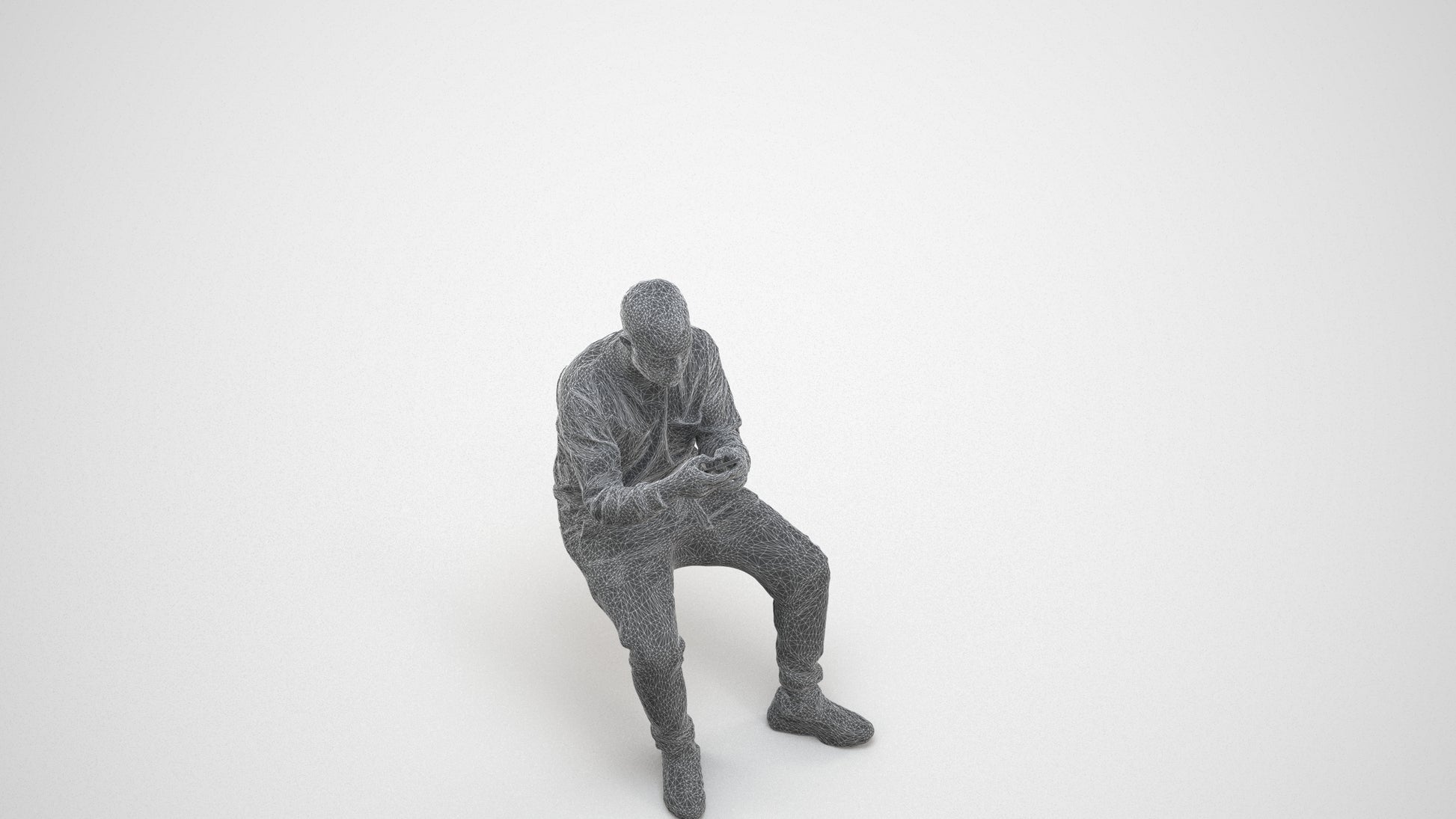 3D human model man casual sitting, photogrammetry scanned person for archviz, wireframe three-quarter view