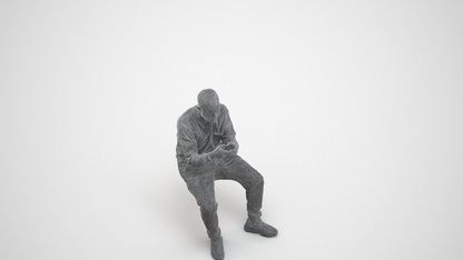 3D human model man casual sitting, photogrammetry scanned person for archviz, wireframe three-quarter view