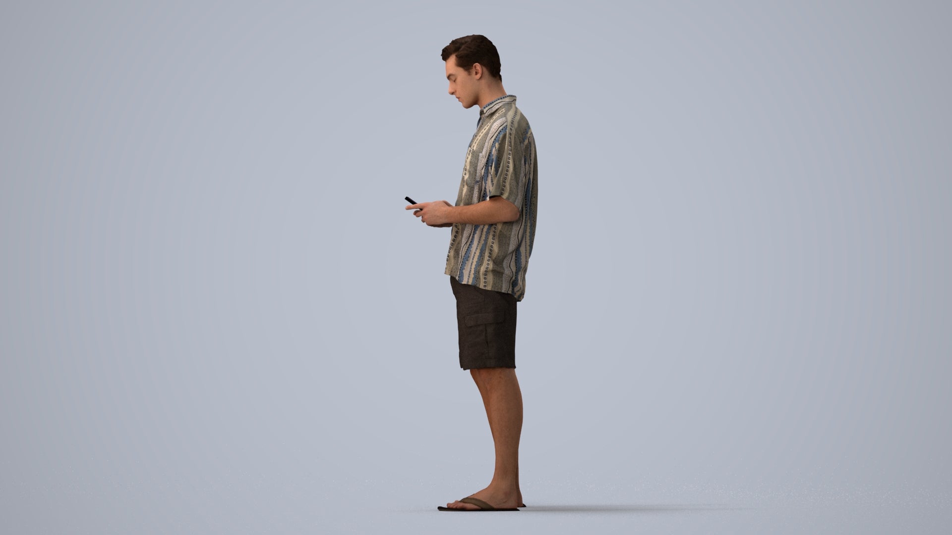 3D human model man casual standing, photogrammetry scanned person for archviz, three-quarter view render