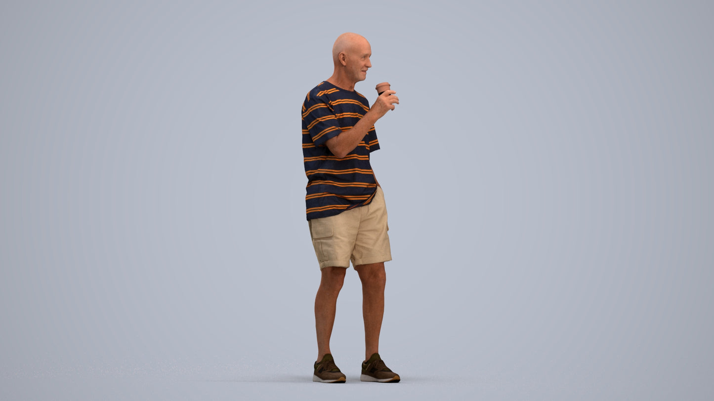 3D human model senior man casual standing, photogrammetry scanned person for archviz, standing pose render