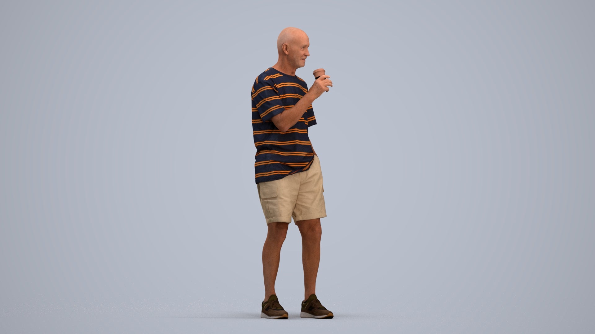 3D human model senior man casual standing, photogrammetry scanned person for archviz, standing pose render