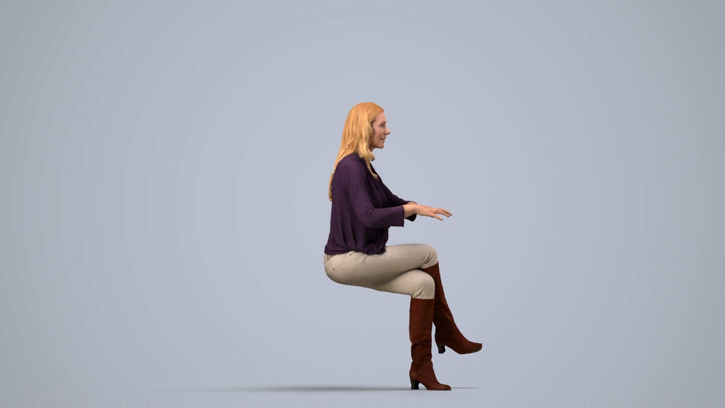 realistic 3D human woman casual sitting, archviz people FBX OBJ for Blender, side view render