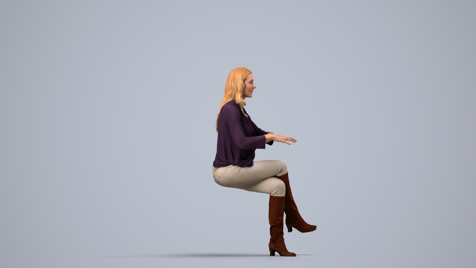realistic 3D human woman casual sitting, archviz people FBX OBJ for Blender, side view render