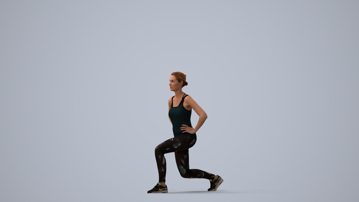 3D human model woman sport standing, photogrammetry scanned person for archviz, three-quarter view render